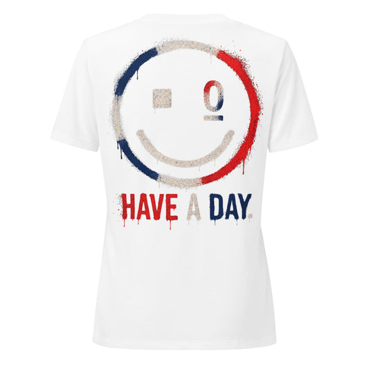 Red White and Day Women’s Relaxed V-neck T-shirt in solid white blend, back view