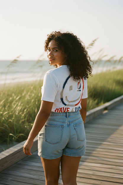 Red White and Day Women’s Relaxed V-neck T-shirt in solid white blend, back view, alternate view