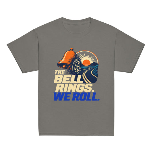 Bell Rings, We Roll Youth classic tee in charcoal, front view