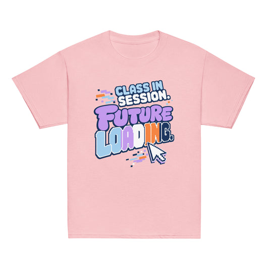 Future Loading Youth classic tee in light pink, front view