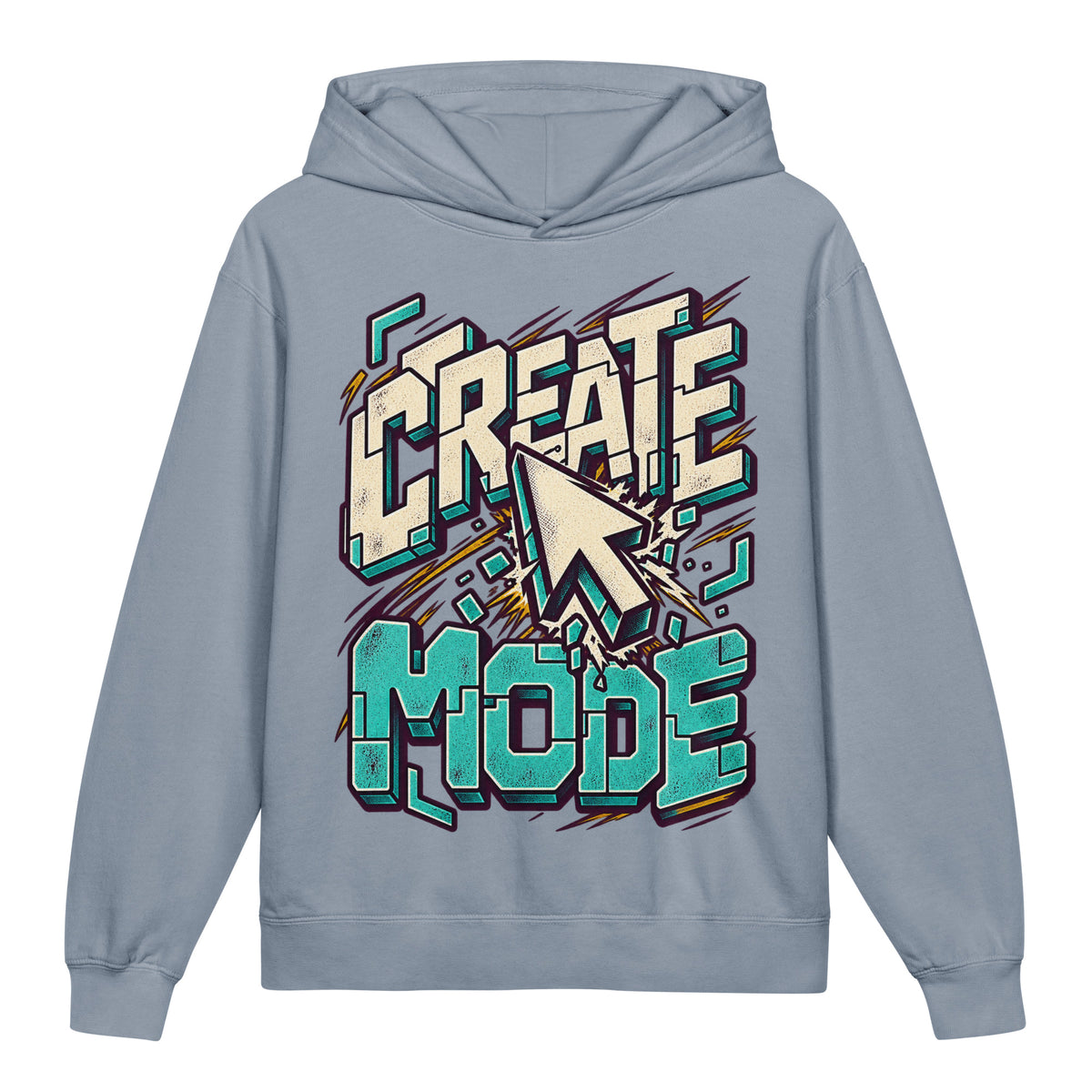Create Mode Youth Lightweight Hooded Sweatshirt in blue jean, front view, featuring a cursor-inspired graphic and a clear invitation to make something