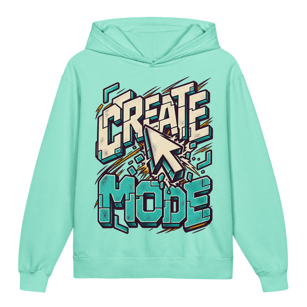 Create Mode Youth Lightweight Hooded Sweatshirt in chalky mint, front view, featuring a cursor-inspired graphic and a clear invitation to make something
