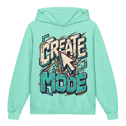 Create Mode Youth Lightweight Hooded Sweatshirt in chalky mint, front view, featuring a cursor-inspired graphic and a clear invitation to make something