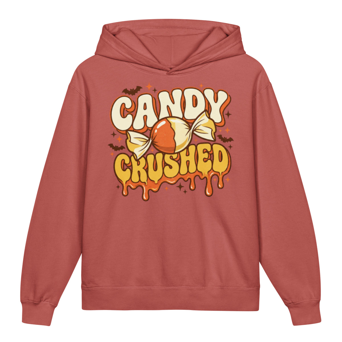 Candy Crushed Youth Lightweight Hooded Sweatshirt in crimson, front view, featuring a playful candy illustration with a slightly spooky Halloween mood