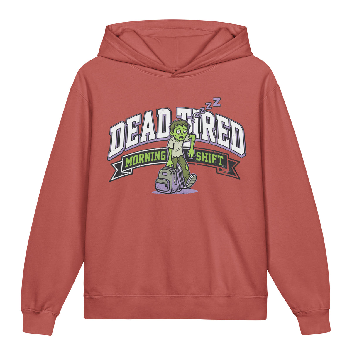 Dead Tired Youth Lightweight Hoodie, Crimson front view with a sleepy green monster with a backpack beneath arched DEAD TIRED letters and a MORNING SHIFT banner