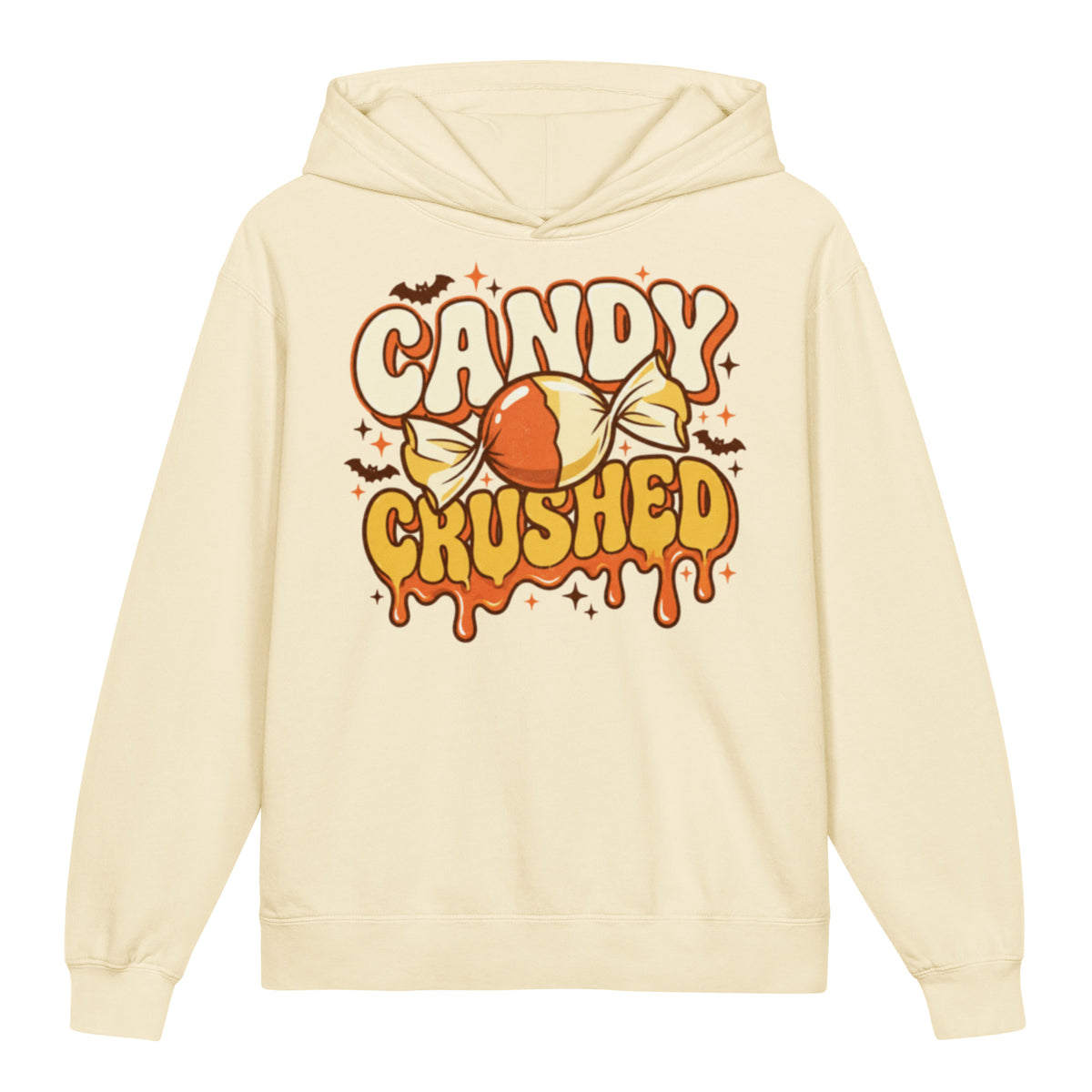 Candy Crushed Youth Lightweight Hooded Sweatshirt in ivory, front view, featuring a playful candy illustration with a slightly spooky Halloween mood