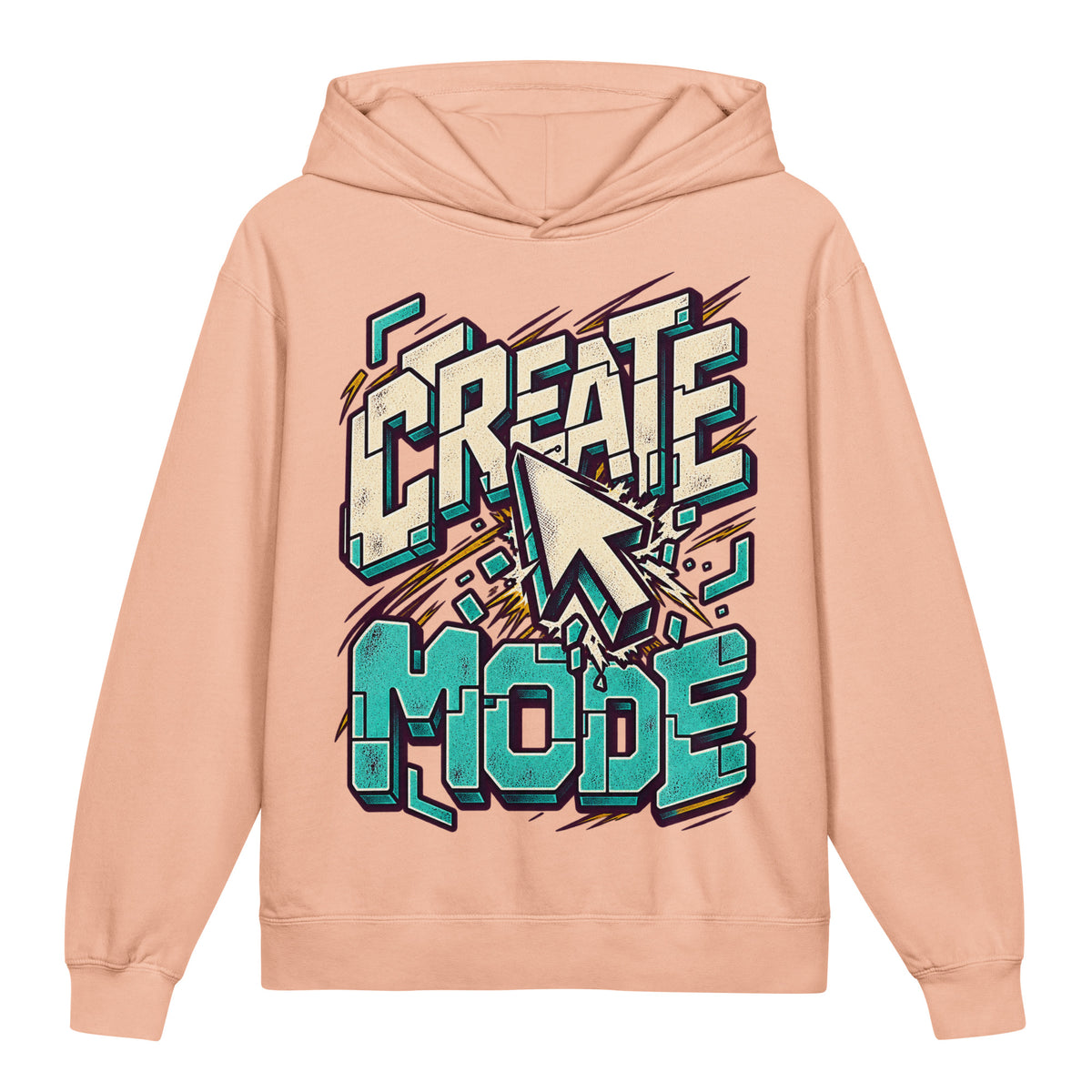 Create Mode Youth Lightweight Hooded Sweatshirt in peachy, front view, featuring a cursor-inspired graphic and a clear invitation to make something