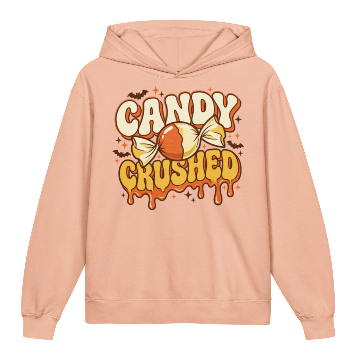 Candy Crushed Youth Lightweight Hooded Sweatshirt in peachy, front view, featuring a playful candy illustration with a slightly spooky Halloween mood