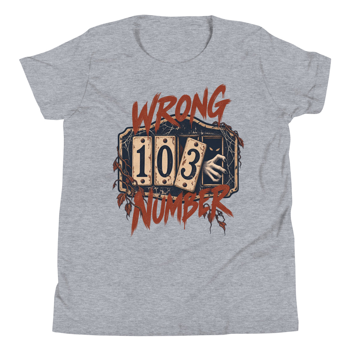 Wrong Number youth t-shirt with a haunted door numbered 103, a shadowy figure and a pale hand reaching through in athletic heather, front view