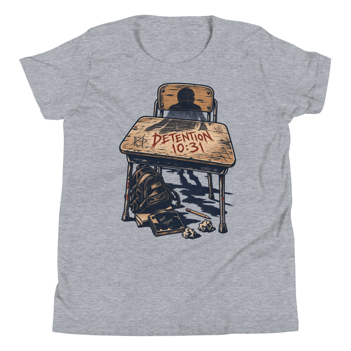 Detention 10.31 Youth T-Shirt in athletic heather with weathered school desk and Detention 10.31 graphic, front view