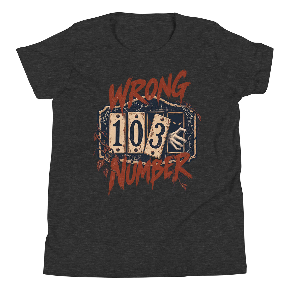 Wrong Number youth t-shirt with a haunted door numbered 103, a shadowy figure and a pale hand reaching through in dark grey heather, front view