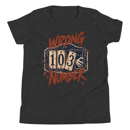 Wrong Number youth t-shirt with a haunted door numbered 103, a shadowy figure and a pale hand reaching through in dark grey heather, front view
