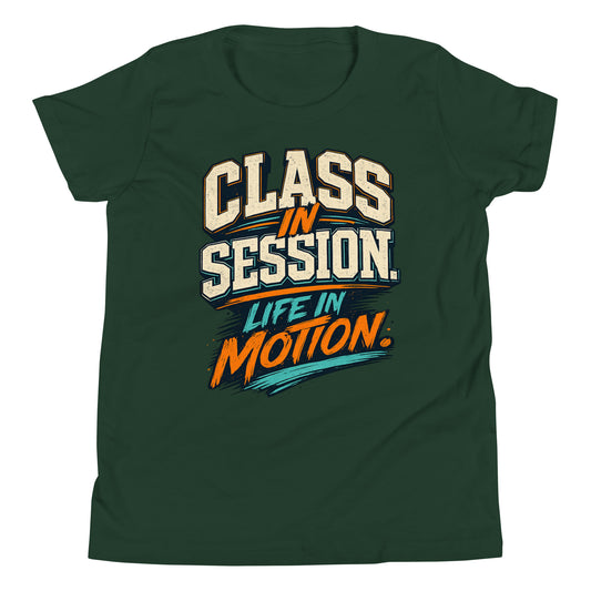Class in Session Youth Short Sleeve T-Shirt in forest, front view