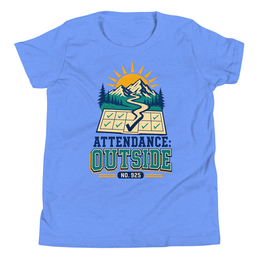 Attendance Outside Youth Short Sleeve T-Shirt in heather columbia blue, front view