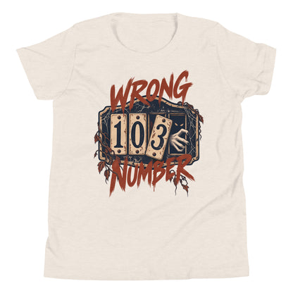 Wrong Number youth t-shirt with a haunted door numbered 103, a shadowy figure and a pale hand reaching through in heather dust, front view