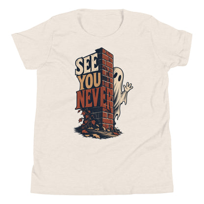See You Never youth t-shirt with a waving ghost disappearing behind a brick wall and retro autumn lettering in heather dust, front view