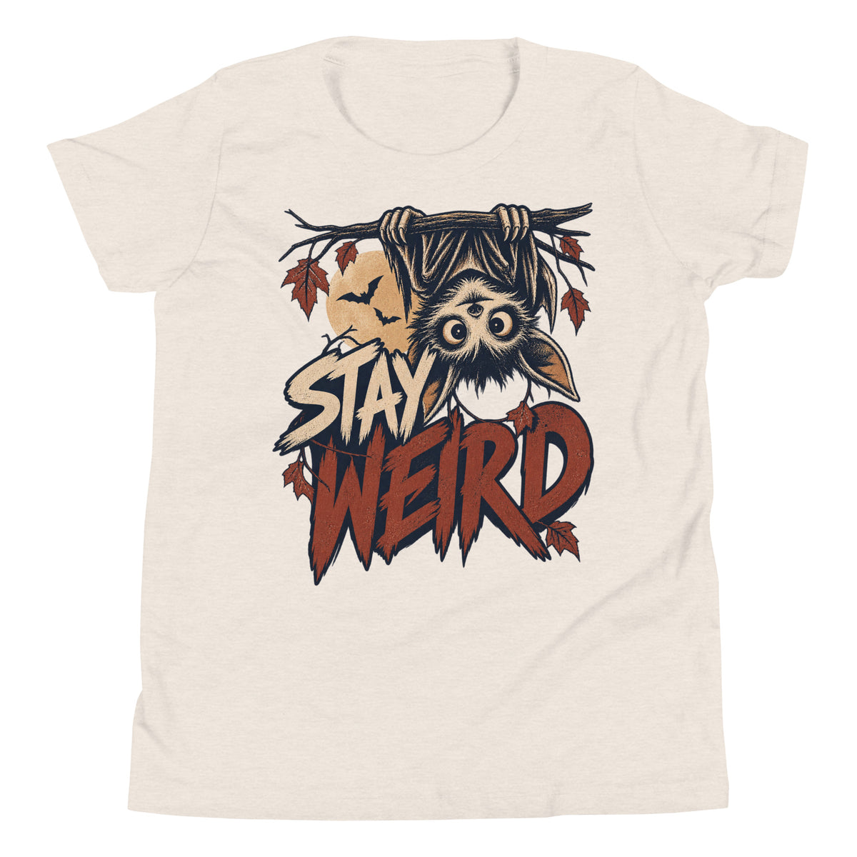 Stay Weird youth t-shirt with a wide-eyed bat hanging upside down from a branch under a full moon in heather dust, front view