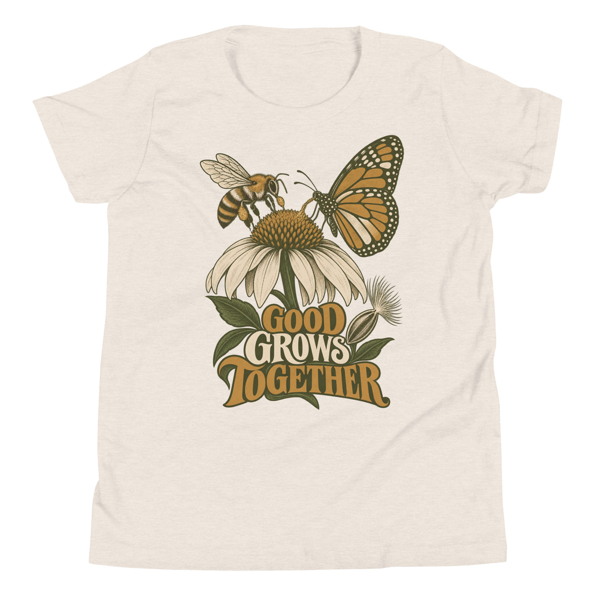 Good Grows Together Youth T-Shirt, front view with a bee and orange butterfly visiting a flower above GOOD GROWS TOGETHER lettering