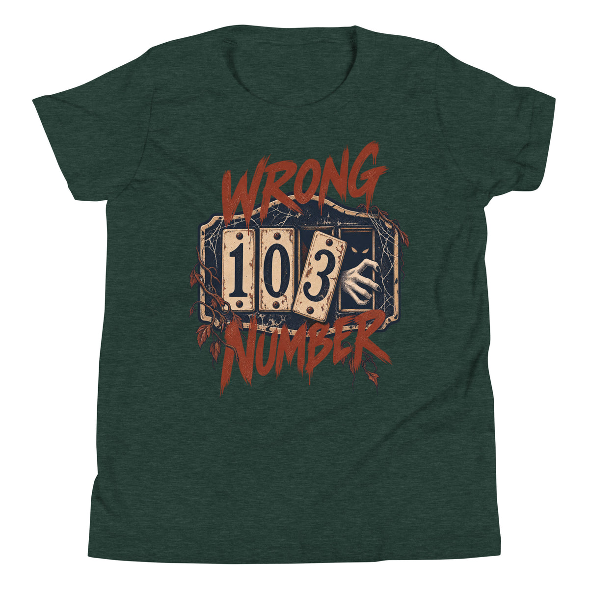 Wrong Number youth t-shirt with a haunted door numbered 103, a shadowy figure and a pale hand reaching through in heather forest, front view