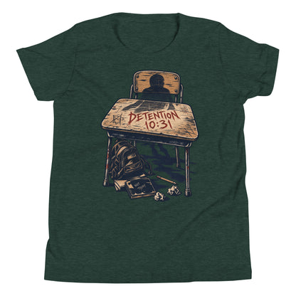 Detention 10.31 Youth T-Shirt in heather forest with weathered school desk and Detention 10.31 graphic, front view
