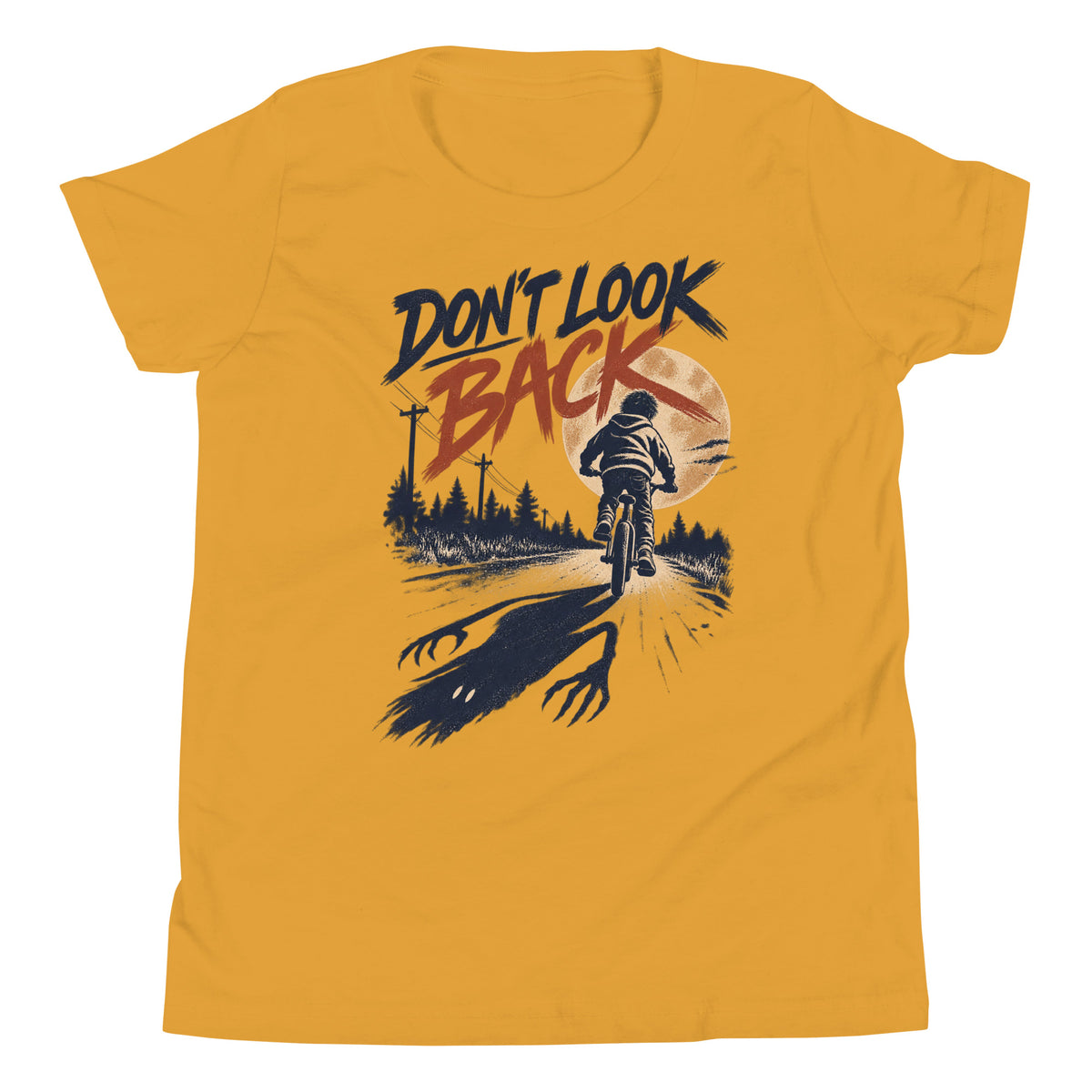 Don't Look Back youth t-shirt with a child riding a bicycle at sunset while a long clawed shadow follows on the road in mustard, front view