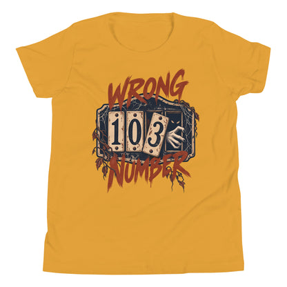 Wrong Number youth t-shirt with a haunted door numbered 103, a shadowy figure and a pale hand reaching through in mustard, front view