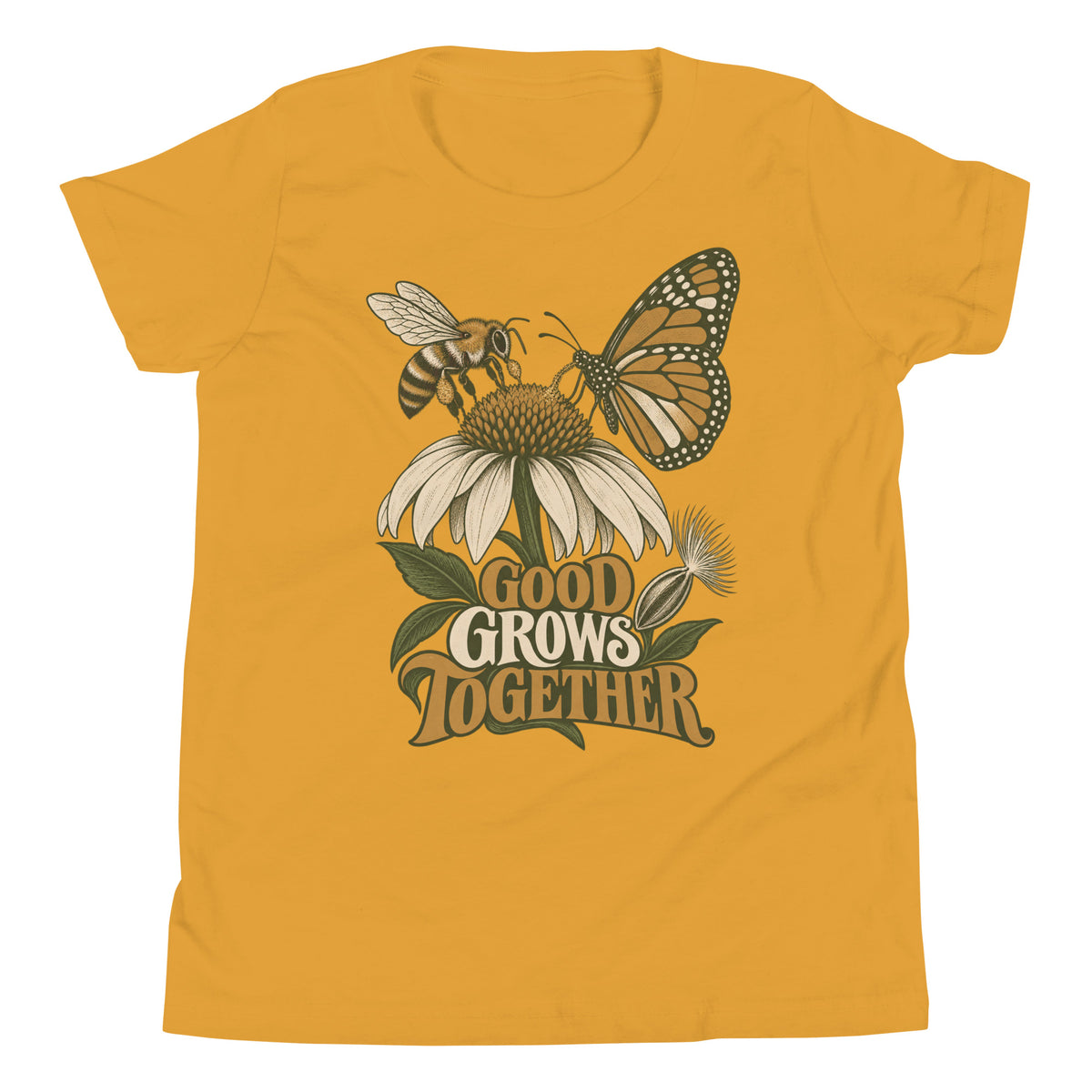 Good Grows Together Youth T-Shirt, front view with a bee and orange butterfly visiting a flower above GOOD GROWS TOGETHER lettering