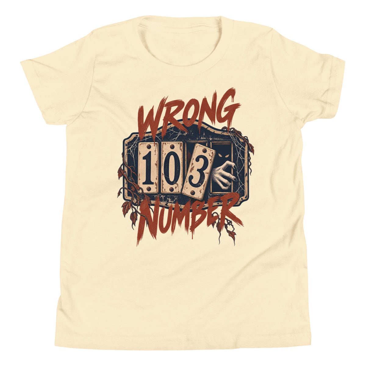 Wrong Number youth t-shirt with a haunted door numbered 103, a shadowy figure and a pale hand reaching through in natural, front view