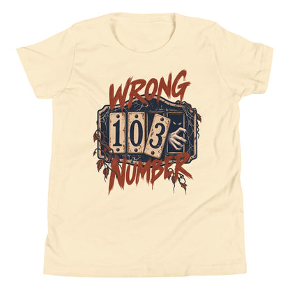 Wrong Number youth t-shirt with a haunted door numbered 103, a shadowy figure and a pale hand reaching through in natural, front view