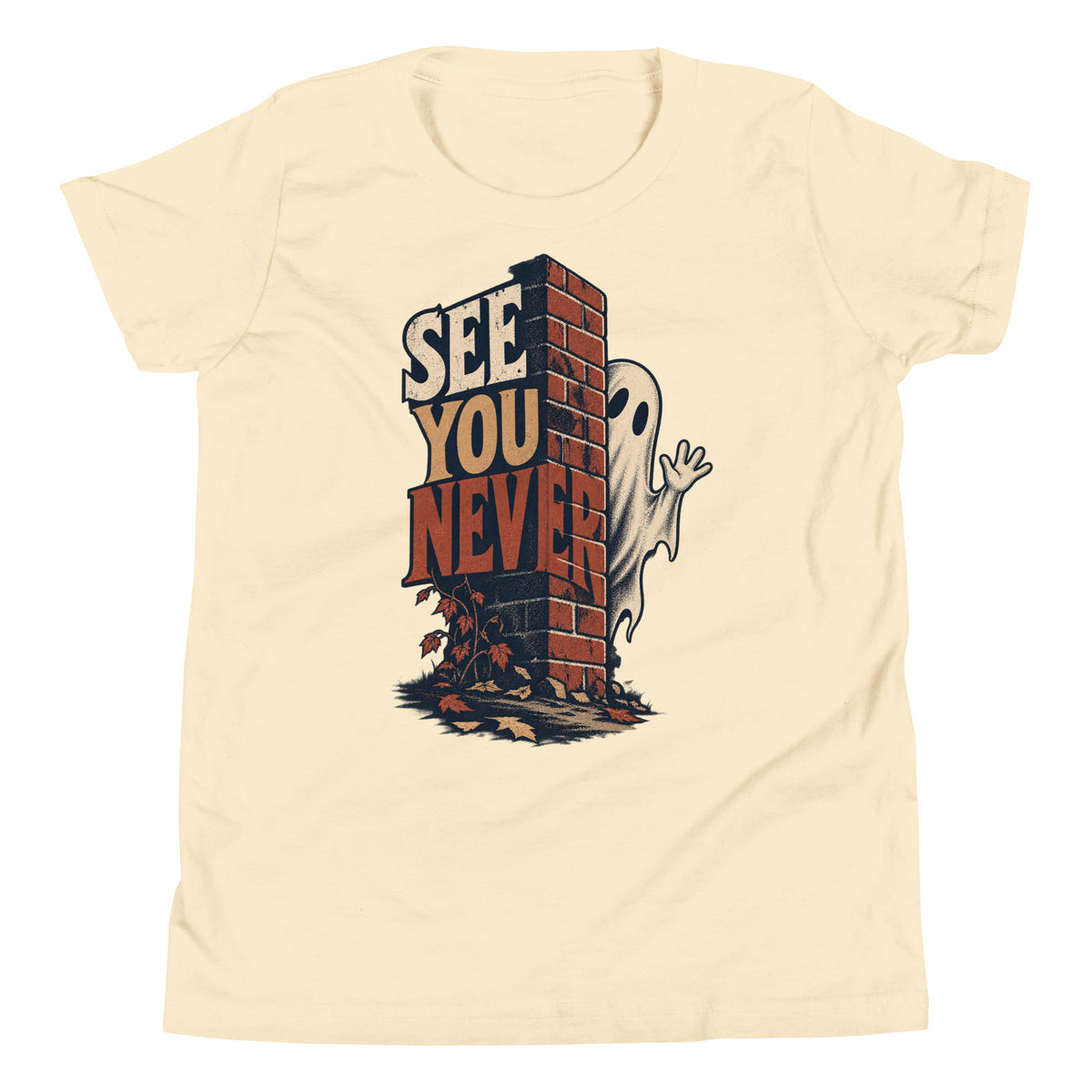 See You Never youth t-shirt with a waving ghost disappearing behind a brick wall and retro autumn lettering in natural, front view