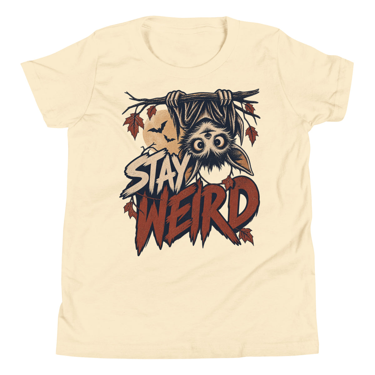 Stay Weird youth t-shirt with a wide-eyed bat hanging upside down from a branch under a full moon in natural, front view