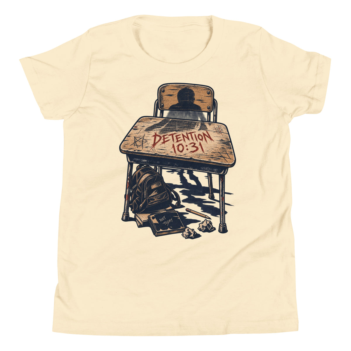 Detention 10.31 Youth T-Shirt in natural with weathered school desk and Detention 10.31 graphic, front view