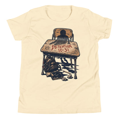 Detention 10.31 Youth T-Shirt in natural with weathered school desk and Detention 10.31 graphic, front view