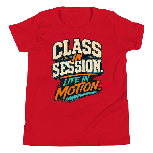 Class in Session Youth Short Sleeve T-Shirt in red, front view