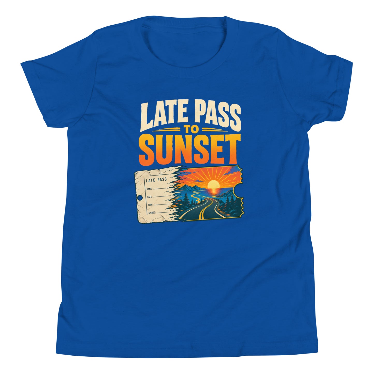 Late Pass To Sunset torn ticket graphic with mountain sunset on a youth short sleeve t-shirt